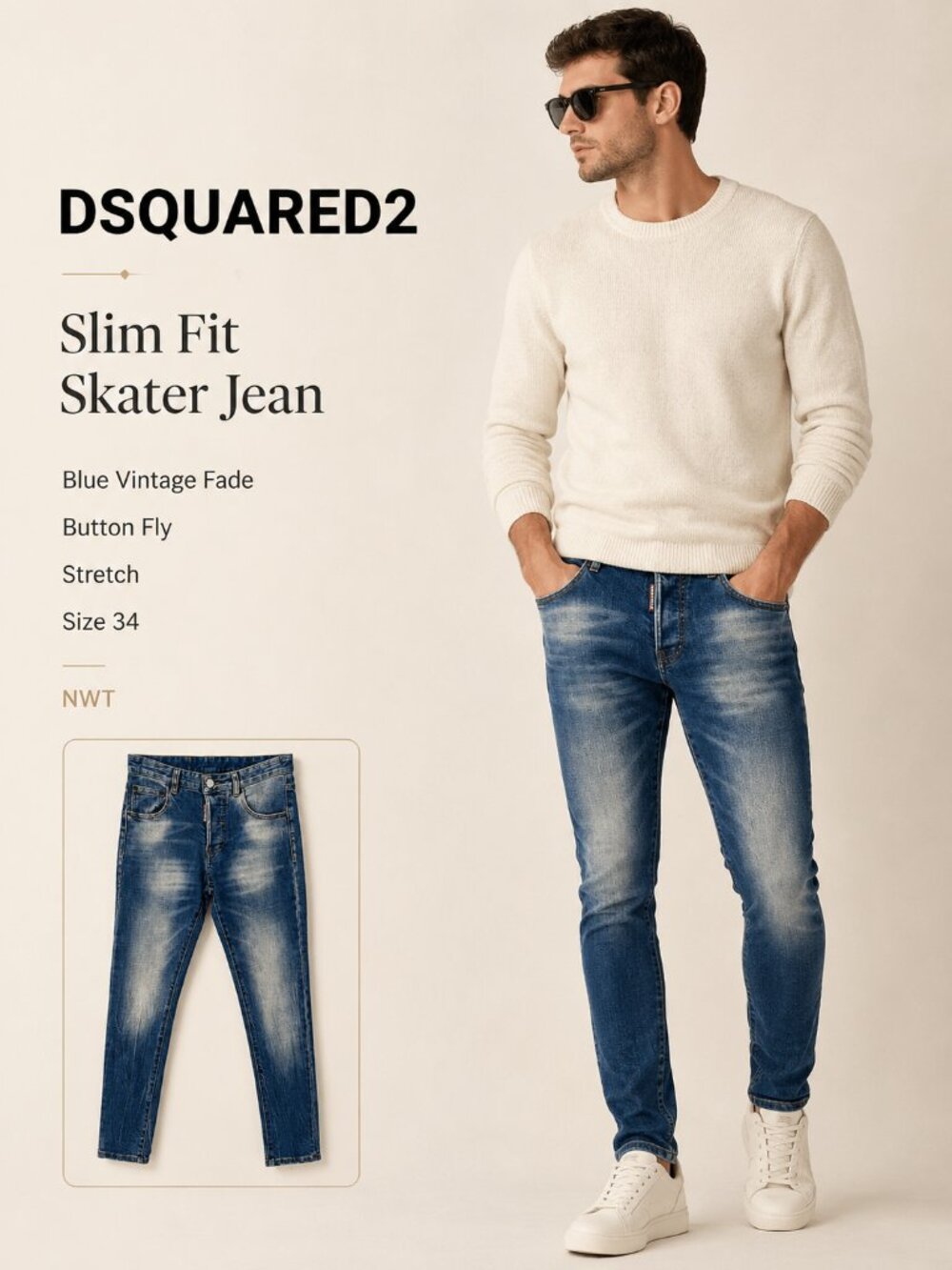 DSQUARED2 Slim Fit Skater Jean Blue Vintage Fade Button Fly Stretch Size 34